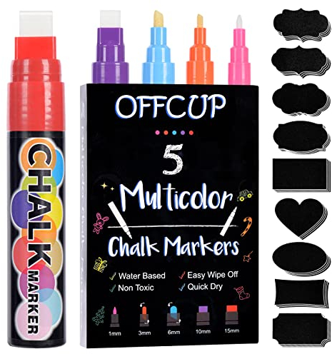 OFFCUP Pennarello Lavagna Cancellabili, Pennarelli a Gesso Liquido, Marcatore Cancellabile con 1mm, 3mm, 6mm, 10mm e 15mm, 62Pcs Etichette per Lavagna, Gessi Liquidi per Lavagne, Finestre (5 Colore)