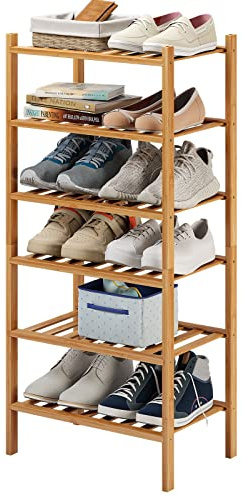 Furshus Kleines Schuhregal mit 6 Etagen, stapelbar, strapazierfähig, multifunktional, aus Bambus, freistehend, für Schlafzimmer, Flur, Schrank