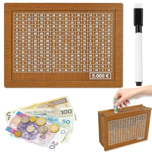 Spardose aus Holz, Retro Sparbüchse Aufbewahrungsbox, Sparbox, Spardose Kinder-Sparziel, Sparschwein mit Marker, Wiederverwendbare Spardose mit Sparziel und Zahlen zum ankreuzen