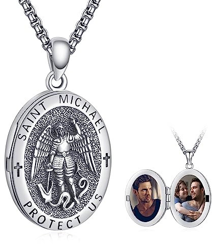 Foto Medaillon Heiliger Michael Kette 925 Sterling Silber Oval St Michael Kette für Foto Bilder Saint Michael Anhänge Erzengel Michael Halskette Schmuck für Herren
