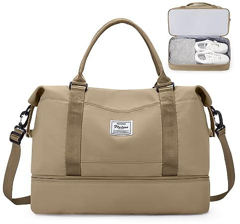Reisetasche Damen Handgepäck Tasche Sporttasche Weekender Bag Schwimmtasche Wasserdicht Travel Bag Duffle Bag Fitnesstasche Trainingstasche Krankenhaustasche mit Schuhfach,A12-Khaki