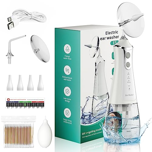 Kit d'élimination du cérumen, ensemble d'outils électriques de nettoyage des oreilles, nettoyeur d'irrigation des oreilles rechargeable, 3 modes de nettoyage, 4 embouts jetables, étanche IPX6, blanc