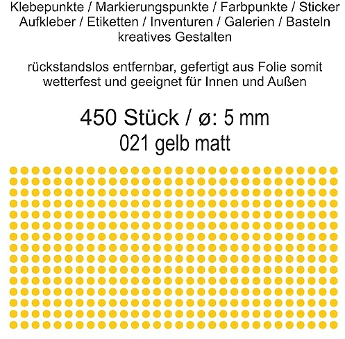 Aufkleber Etiketten Klebepunkte aus Folie 450 Stück gelb matt rund 5 mm selbstklebend farbig wetterfest Decal Markierungen Organisieren DIY basteln verzieren Modellbau Scrapbooking