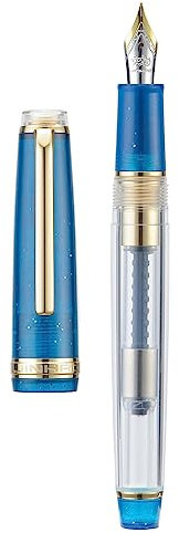 Jinhao 82 Acrylic Fountain Pen, Iridium Extra Fine Nib with Ink Converter, Vintage Sea Blue & Transparent Color Classic Design Smooth Writing Pen (Gold Trim)