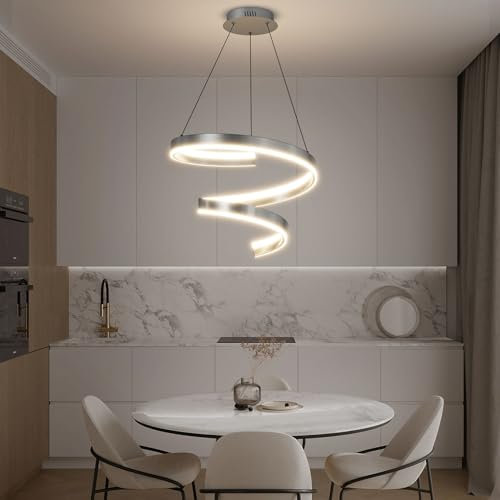 Mikeru Spiral Pendant Lighting, 50CM Silver Grey Spiral LED Pendant Light 10% to 100% Infinity Dimmable 3000K/4000K/6000K Dinner Table Lights Hanging for Breakfast Bar, Dining Room