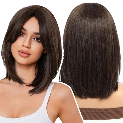 WOKESTAR Bob Perücke mit Fransen Kurze Schwarze Farbe Perücken für Frauen, Bob Style Synthetische Hitzebeständige Bob Perücken