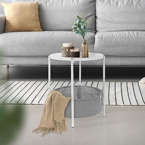 ML-Design Beistelltisch rund Ø46 x H51 cm, Weiß, aus Metall, Couchtisch mit Stoffkorb & abnehmbarer Tablett, Sofatisch mit Korb als Stauraum, Modernes Design, Kleiner Tisch, Wohnzimmertisch Nachttisch