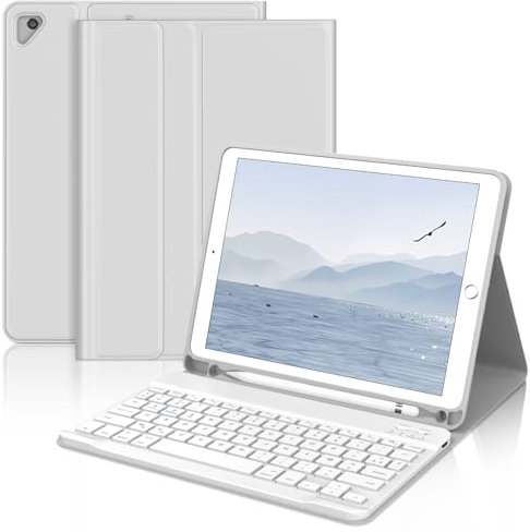 JADEMALL Coque Clavier pour iPad 9.7, iPad 6eme/5eme Generation 2018/2017, iPad Air 2/1-2014/2013, AZERTY Clavier sans Fil Bluetooth Détachable Housse avec Pen Holder, Gris Clair