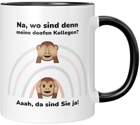 TassenTicker - Na, wo sind denn meine doofen Kollegen?- Arbeit - Büro - Sarkasmus - Geschenk - Bürogeschenk - Arbeitskollege - Arbeitskollegin - Bürotasse - Schwarz