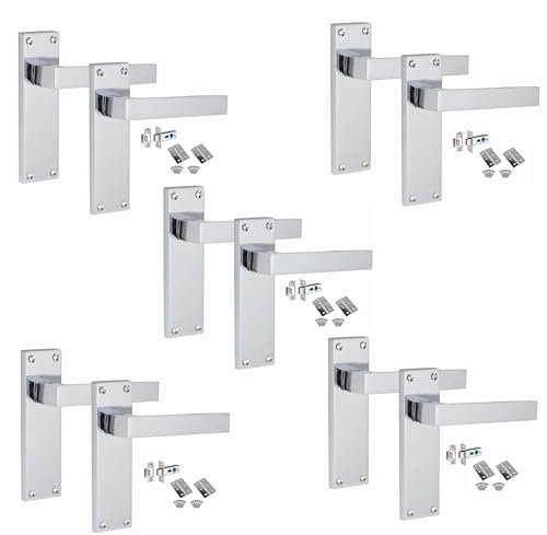 Golden Grace Victorian Straight Delta Door Handles Latch in Polished Chrome with 1 Pair of 3 Standard Butt Hinges & Latches Pack, 5 Sets - 150mm x 40mm Backplate
