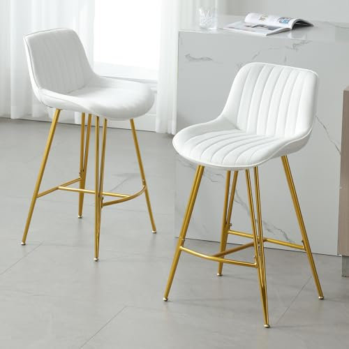 chairus Tabourets de Bar en Velours Lot de 2 Tabourets de Comptoir sans Accoudoirs Chaise Haute de Cuisine avec Pieds en Métal Doré (Blanc-2)