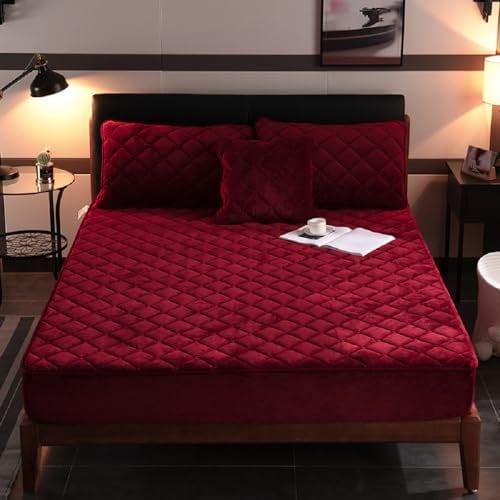 Sedefen Spannbettlaken 180x200 cm Burgundy Rot Biber Warme Flannell & Füllung Baumwolle Bettlaken Flauschige Kariertmuster Cashmere Touch Boxspringbett Spannbetttuch für 25 bis 30cm Matraze
