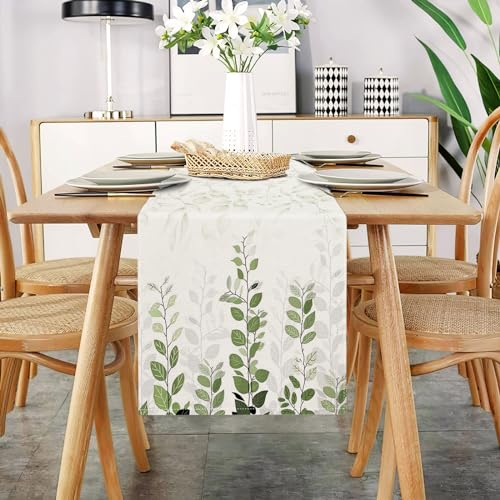 Tischläufer Modern Wohnzimmer Frühling Tischläufer Grün Tischläufer Beige Tischläufer Floral Blatt Muster Leinen Abstrakt Faltenfrei Rutschfest Tischband Deko Tischwäsche Esstisch Hochzeit 33x183 CM