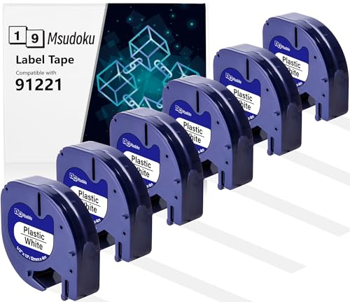 6x Msudoku Ersatz für Dymo 91221 91201 S0721660 12mm x 4m Etikettenband Kompatibel für Dymo Kunststoff White Schriftband für LetraTag XR XM LT100H LT100T QX50 2000, Schwarz auf Weiß