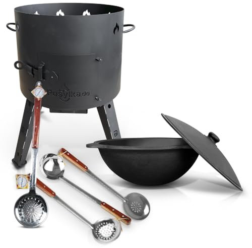 Utschak KazanoFF - Horno de hierro fundido con tapa (16 L, 16 L), KazanoFF (16 L), cucharón de hierro fundido Kazan Kazan (juego 16-3)