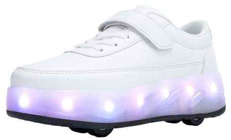 HUSKSWARE Jungen Mädchen Rollschuhe Schuhe Mit 4 Rollen Skateboardschuhe, verstellbar Jugend Schuhe mit Rollen, Weiß 37 EU
