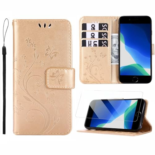 Anshow for iPhone SE Case Wallet with Wrist Strap, iPhone 7 Case, iPhone 8 Case, with Screen Protector, Flip Leather Case with Cards Holder Phone Case with Kickstand Cover for iPhone SE/7/8, Gold