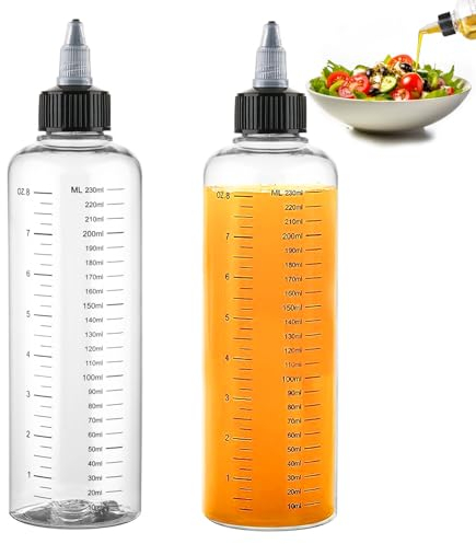 Bouteille de Compression 250ml, Lot de 2 Bouteille Huile Plastique Cuisine Pipette Transparent avec Graduation, Flacon Sauce Recipient mit Capuchon en Pointe pour Sauce, Huile, Olive, Vinaigrette