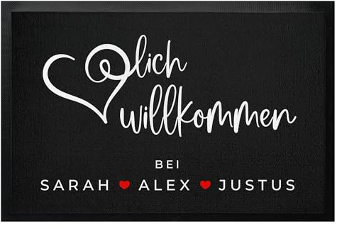 Fußmatten-KING® Personalisierte Fußmatte Herzlich Willkommen bis 120cm - personalisierte Türmatte Herzlich Willkommen bei Familie, Gummimatte dünn, Geschenk individuell gestaltet (90x60cm)