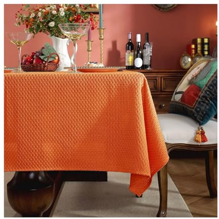 Lieson Rechteckige Tischdecke 90x140 cm, Polyester Tischwäsche Abwaschbar Einfarbig Gewebte Waffel Kariert Muster Tischwäsche für Home Küche Speisetisch Dekoration, Orange