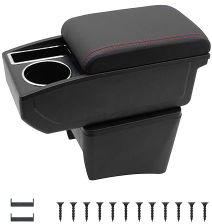 KAERGK Auto Armlehnen für VW Polo Vento 2010-2017 Mittelkonsolen für Kfz Doppelter Stauraum mit Getränkehalter Einfache Montage Bequemes und Strapazierfähiges Leder Schwarz (Rote Linie)