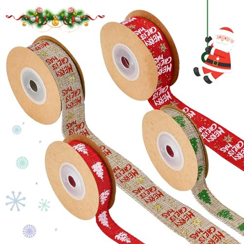 DTYGUIXE 4 Rouleaux de Ruban de Noël 25mm 15mm x 4.5m, Gros-Grain pour Emballage Cadeau, Thème Noël en Lin pour Déco et Cadeaux