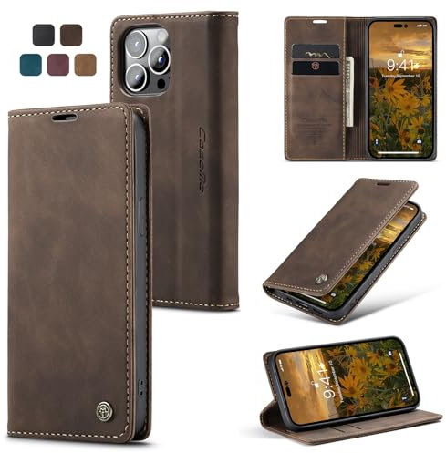 owlhold Handyhülle für iPhone 14 Pro Hülle, Premium Lederhülle Weiches Vintage-Nubukleder Faltbare Ständer Klapphülle Kartenfach Standfunktion stoßfest Schutzhülle für iPhone 14 Pro -Kaffee
