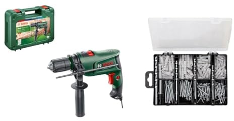 Bosch Home and Garden Bosch Schlagbohrmaschine EasyImpact 630 (630 Watt, im Koffer) +173 tlg. Befestigungs Set (Dübel, Schrauben, Steinbohrer Ø 5-8 mm, Schrauberbits, Zubehör Bohrschrauber)