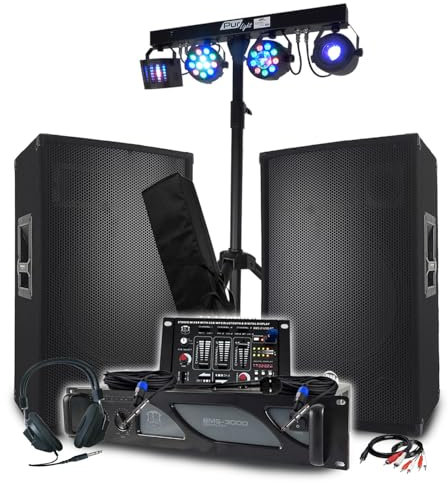Pack Sono BM Bmsonic : Amplificateur 3000W, Enceintes Passives 2x700W, Table de Mixage, Euphoria Portiques + 48 effets lumière