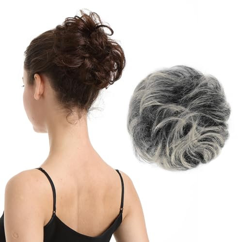 BARSDAR Menschliches Haar Bun, Echtes Menschliches Haar Dutt Haarteil Extensions für Frauen Graue Haar Dutt Haarteile Echtes Haargummi Graue Messy Bun Haarteile Updo Chignons Täglich - Grau Gemischt