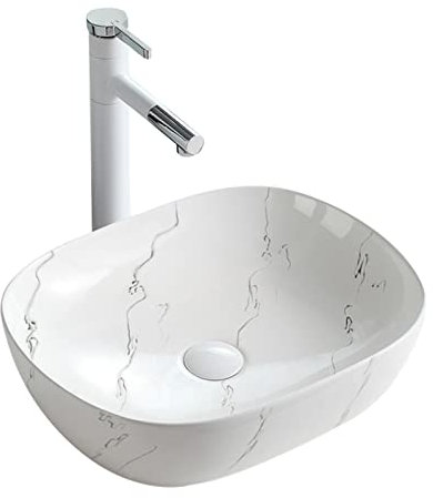ABBNIA Vasque de Salle de Bain en Porcelaine et céramique, Petit évier, Vasque Moderne, Motif marbré Blanc Artistique, Meuble-lavabo de Salle de Bain au-Dessus du comp