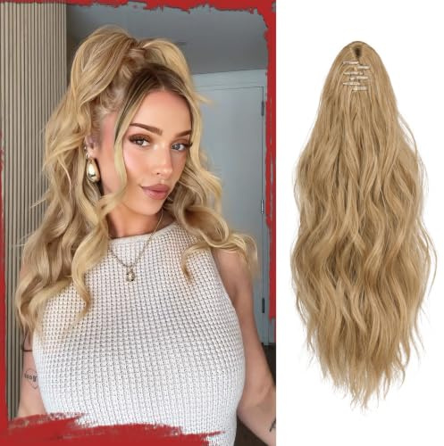 Sofeiyan Pferdeschwanz Haarteil mit Klammer, Lange Wellig Lockig Pferdeschwanz Zopf Extensions Synthetik Claw Clip in Haarteil Ponytail für Damen 41cm, Blond mit Blassgoldenen Highlights