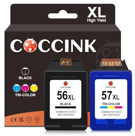 COCCINK 56XL 57XL (1 Schwarz 1 Farbe) für HP 56 57 XL Wiederaufbereitete Druckerpatronen Ersatz für OfficeJet 4212 4215 DeskJet 450ci 5150 5550 Photosmart 7450 7762 7960 PSC 1210 1215 1315 Drucker