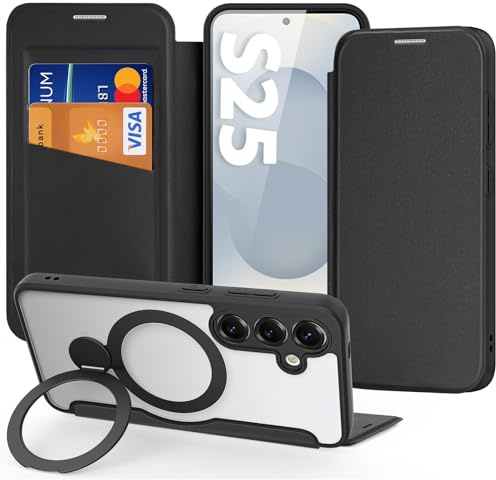 für Samsung Galaxy S25 Hülle mit Ständer, Kompatibel mit MagSafe, Schwarz | RFID-Blockierung, Kartenfach, Stoßfestes, PU Leder, Magnetische Transparente Klapphülle
