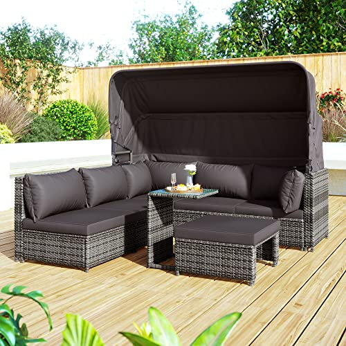 Gartenlounge-SetRattan Sonneninsel Sitzgruppe, Sofa mit Sonnendach, Hocker, Sesseln und Tisch, Outdoor Gartenmöbel, Loungemöbel Balkon und Garten, Terrassenmöbel, wetterfest - Dunkelgrau