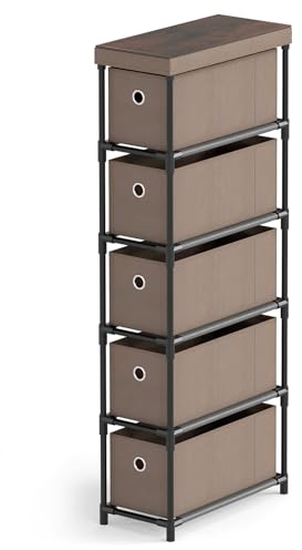 GIANTEX Nischenregal 19 cm breit mit 5 Stoff-Schubladen, Nischenschrank schmaler Kommode, Schubladenturm Aufbewahrungsturm mit Metallrahmen & Holzplatte, Regalsystem Schubladenbox 19x40x100 cm (Braun)