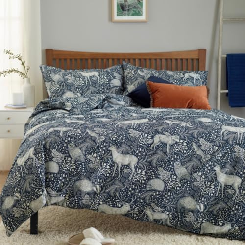 Woodland Folk Duvet Cover Set – Soft Brushed Cotton Blend, Digitally Printed Forest Animal Bedding with Pillowcases – Blue, Green, or Grey – Single to Super King Sizes [Ny-Do]