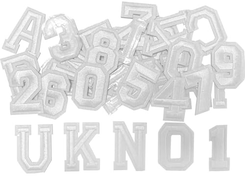 elook 2 Sets Iron On Numbers and Letters Patches | 72pcs Embroidered Alphabet A-Z 0-9 Applique, White Sew On / Iron On Fabric Stickers for Clothes, Jackets, Hats, DIY Craft