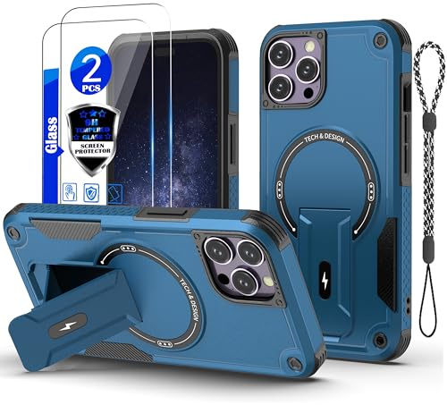 GuardCase for iPhone 12 Pro Max Case [Compatible with MagSafe][with 2 * 9H Tempered Glass Screen Protector], Built in Invisible Stand, Not fading，Shockproof Protective Phone Cover 6.7-inch(Blue)