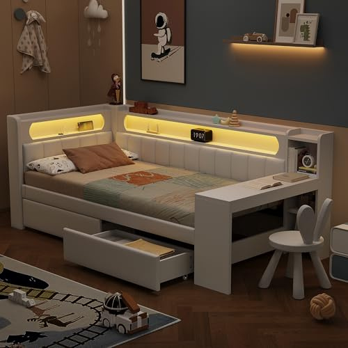 Soweiz Schlafsofa, Tagesbett 90x200cm Daybed mit USB-Anschlüssen und LED-Gürtel, mit Schreibtisch und 2 Schubladen, Weiß