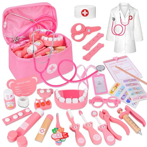BBWELL Malette Docteur Enfant,Jouet Fille 3 Ans 46 Pièces Kit de Médecin Jouets Déguisement de Docteur avec Stéthoscope Fonctionnel, Complètes et Sac de Rangement,Cadeau Enfant 3 Ans en Bois - Rose