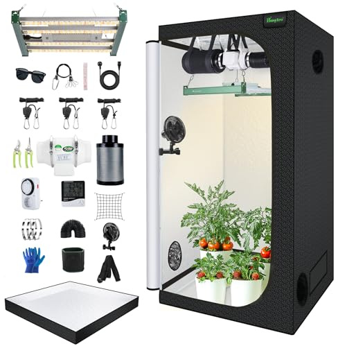 BOSYTRO Grow Box Kit Completo, Tenda da Crescita, Luce per Piante da 120W, Kit Completo di Tenda idroponica 600D con Sistema di Ventilazione, con Termoigrometro e Timer(80x80x180CM-4Z)
