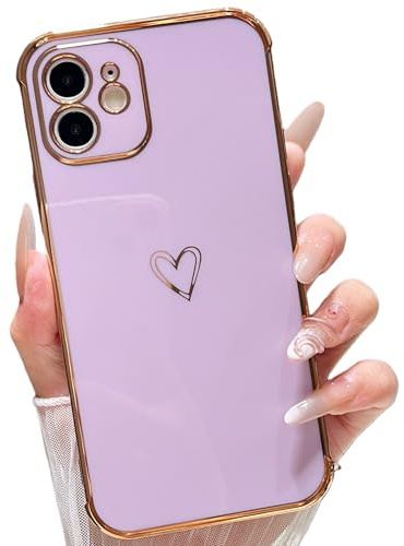 ZTOFERA Compatible with iPhone 12 (6.1) Case for Girls Women, Flexible Soft Silicone Protective Phone Case with Cute Love Heart Pattern Plated Edging Shockproof Bumper Cover, Purple