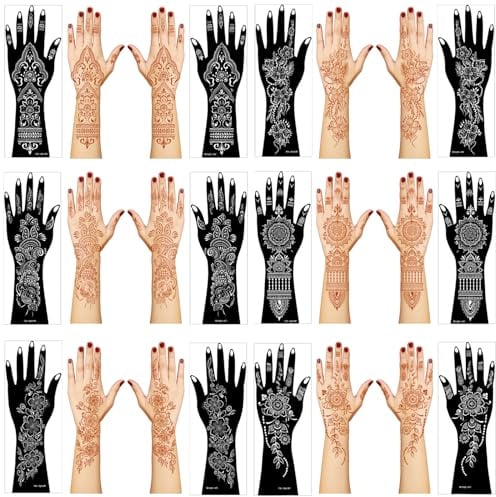 Henna Tattoo Schablonen Set, 12 Blätter für Hand und Unterarm, Große Indische Temporäre Tattoo Aufkleber mit Glitzer, DIY Airbrush Vorlagen