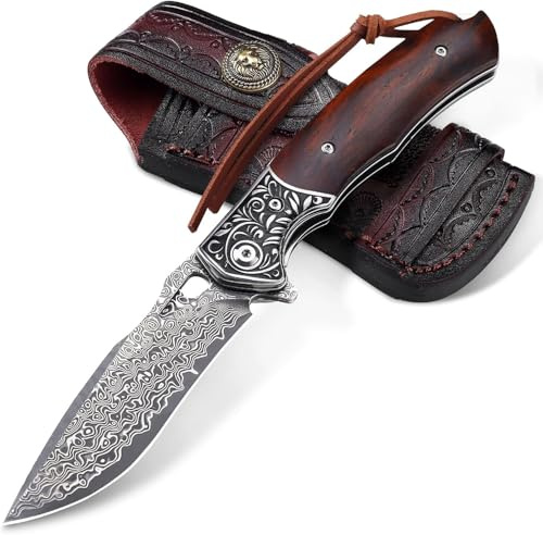 Omesio Couteau Pliant EDC Damas VG10 Manche Bois Étui Cuir | Lame tranchante acier Damas VG10, manche bois élégant. Idéal camping, randonnée, cadeau homme original.