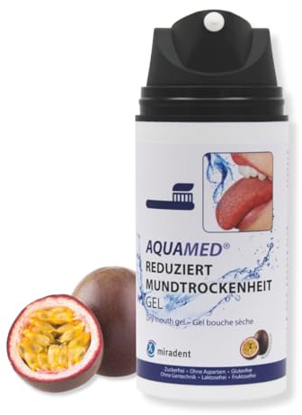 miradent AQUAMED® Mundhygiene-Gel, 100ml gegen Mundtrockenheit | mit Xylit gesüßt | fruchtig erfrischender Passionsfrucht-Geschmack | fördert den Speichelfluss