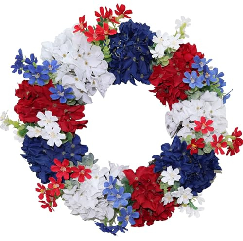 BINFEN 4th of July Wreath - Red White Blue Silk Hydrangea Patriotic Wreaths for Front Door, Memorial & Independence Day Decorations, Americana Decor for Porch Wall Window Outdoor (16”, Green Leaves)