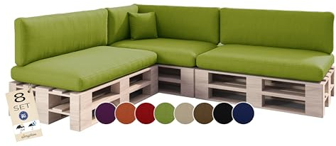sunnypillow Palettenkissen Outdoor, wasserdicht, UV-lichtecht - 8er Set - Palettenauflage für Palettensofa für Haus, Garten - Palettenpolster für Palettenmöbel - Rückenkissen & Sitzkissen Grün