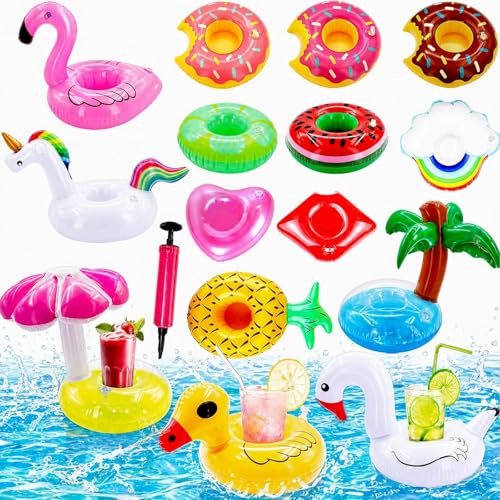 Getränkehalter Pool, 15 Stück Getränkehalter Aufblasbare, Aufblasbar Schwimmender Flaschenhalter mit 1 Luftpumpe, Flamingo Palme Pool Party Deko, SchwimmendGetränkehalter für Sommer Beachparty Hawaii