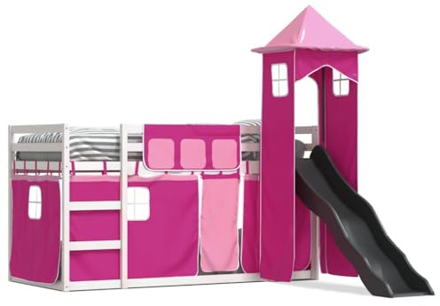 PUGYNBK Solid Pine Wood Bunk Bed with Slide and Curtains, Pink Bunk Bed with Slide 90x200 cm, Wooden with and Safety Guardrails